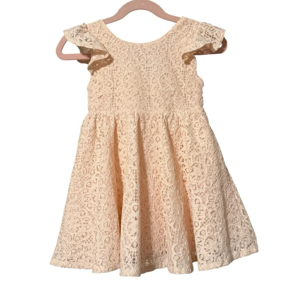 Girls Lace Easter Spring Dress Peach Size 100 3T-4T Flutter Sleeve Bow Back
